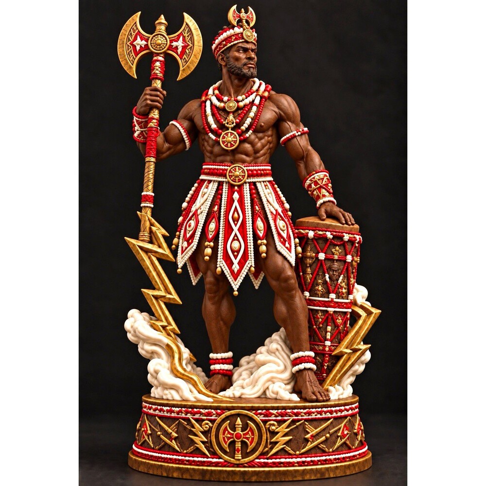 Shango Thunder King Filament 3D Printed Figurine Orisha Statue Red & White 10 in
